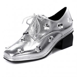 Women's Fall Square Toe PU Office & Career / Dress / Casual Chunky Heel Flower Silver / Gold