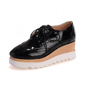 Women's Shoes Patent Leather Wedge Heel Square Toe Oxfords Casual Black/White
